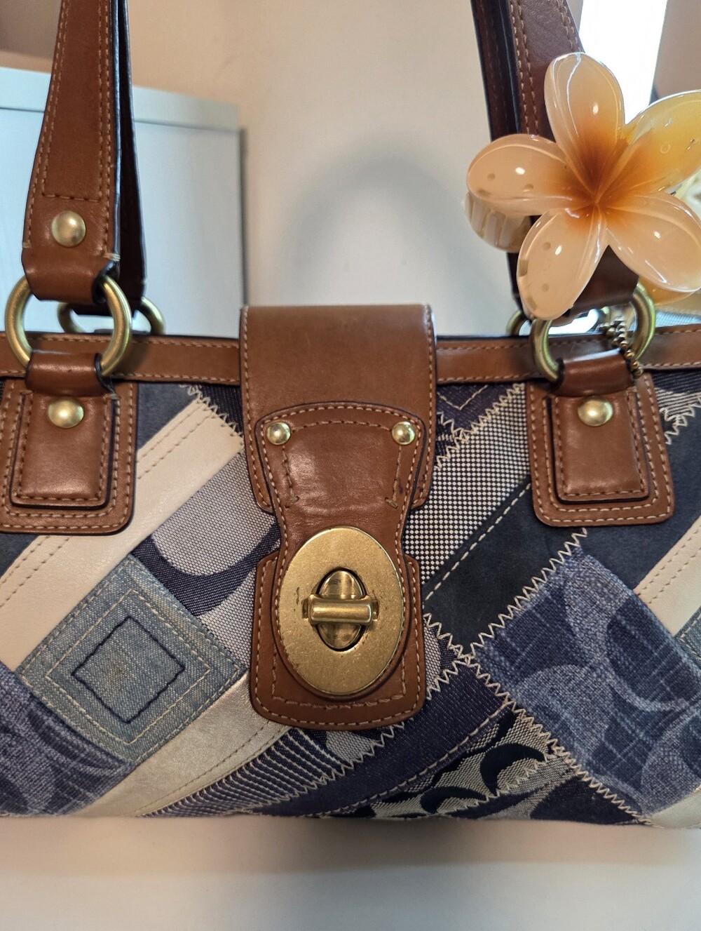 Coach Brown Leather-Trim Blue Patchwork Shoulder Bag
